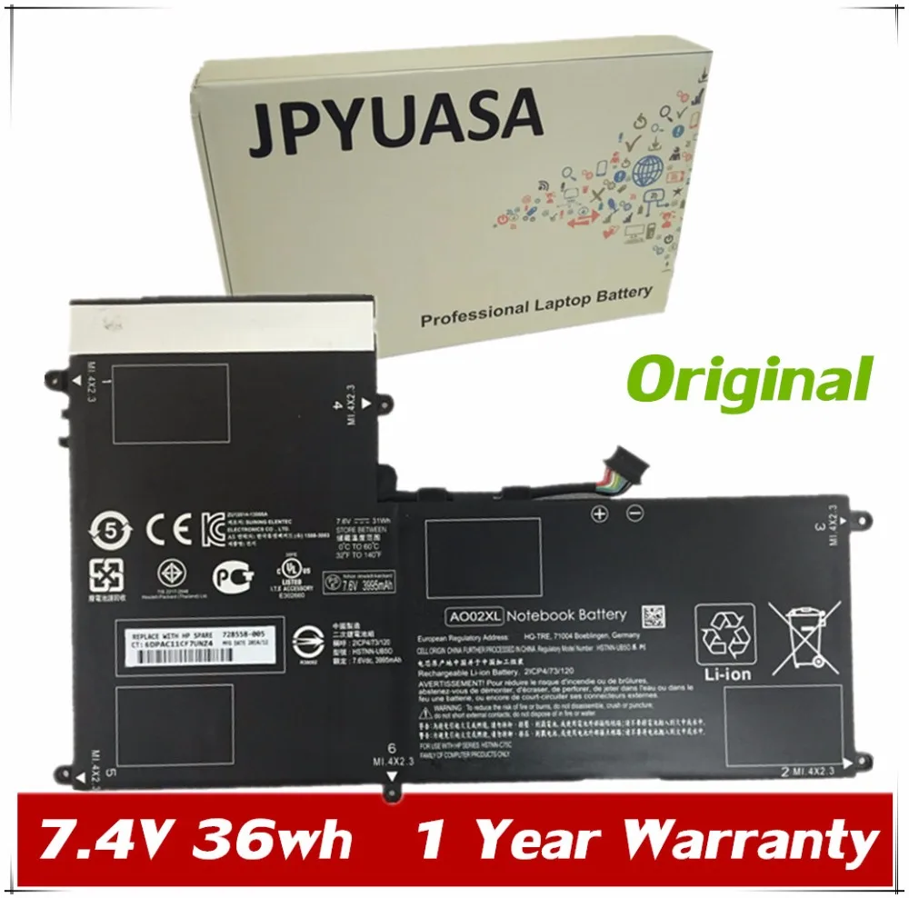 

JPYUASA 7.4V 36wh Original Laptop Battery AO02XL For HP ElitePad 1000 G2 HSTNN-LB5O 728250-1C1 728558-005 728250-421 A002XL