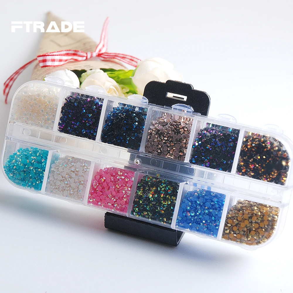 

1600Pcs/Color 12 Jelly AB Color 2mm Resin 3D Nail Art Decorations Flat Back Non Hotfix Rhinestones About 20000Pcs/Box