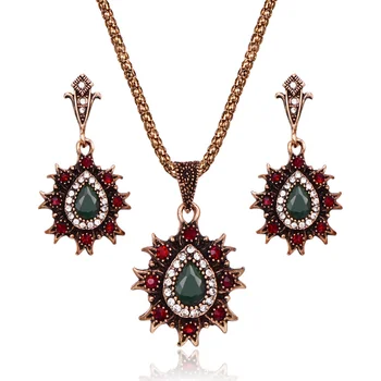 

Big Water Drop Crystal Pendant Necklace And Earrings Set For Women Ethnic Wedding Jewelry Green Red Boho Jewel