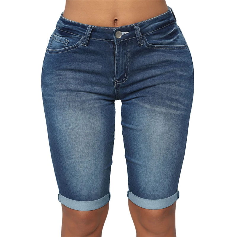 Винтажные джинсовые шорты-бермуды с низкой посадкой для женщин, элегантные женские Стрейчевые узкие шорты средней длины с низкой талией, синие джинсовые шорты размера плюс
