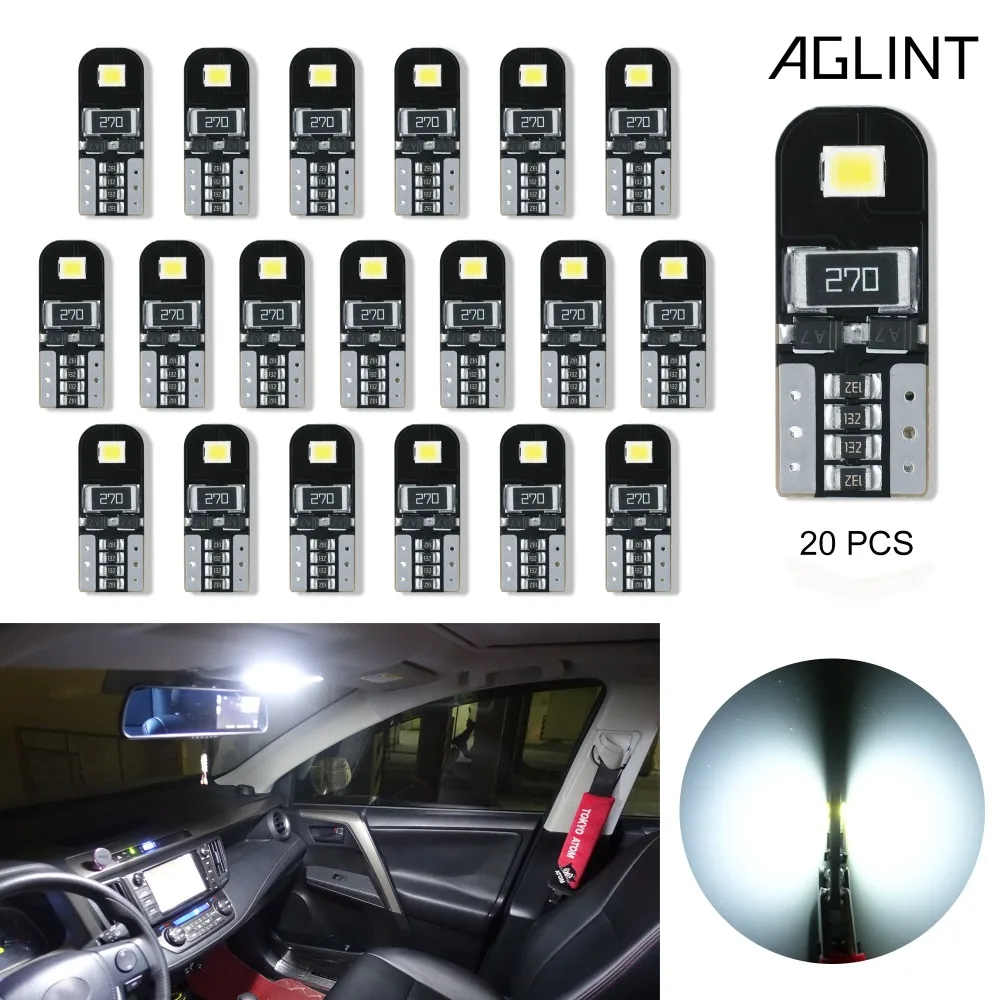 

AGLINT 20PCS Auto LED Lamp T10 W5W 2825 168 194 CANBUS No Error LED Car Interior Dome Map Door Side Marker Trunk Lamp White 12V