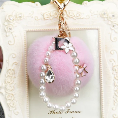 Модный пушистый брелок 8 см из кроличьего меха, помпон, стразы, D, жемчужный помпон, Llavero, брелок для ключей, сумка, автомобильный брелок, подвеска для ключей, Porte Clef - Цвет: pink