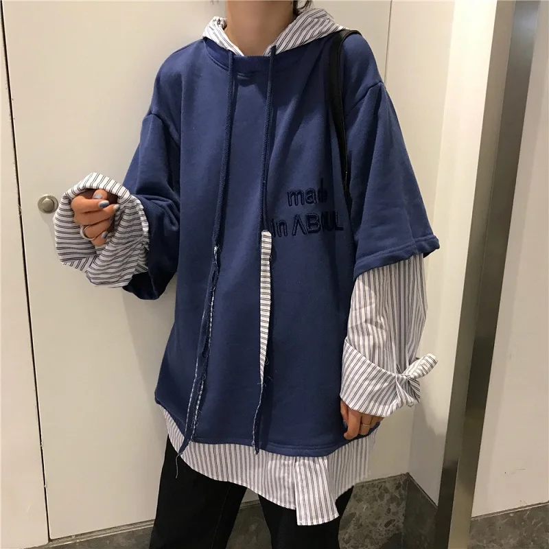 Корейский Harajuku BF женский свободный вышитый буквенный поддельный Двухсекционный сшитый с капюшоном с длинными рукавами свитер с буквенным принтом в полоску Хип-хоп - Цвет: bule