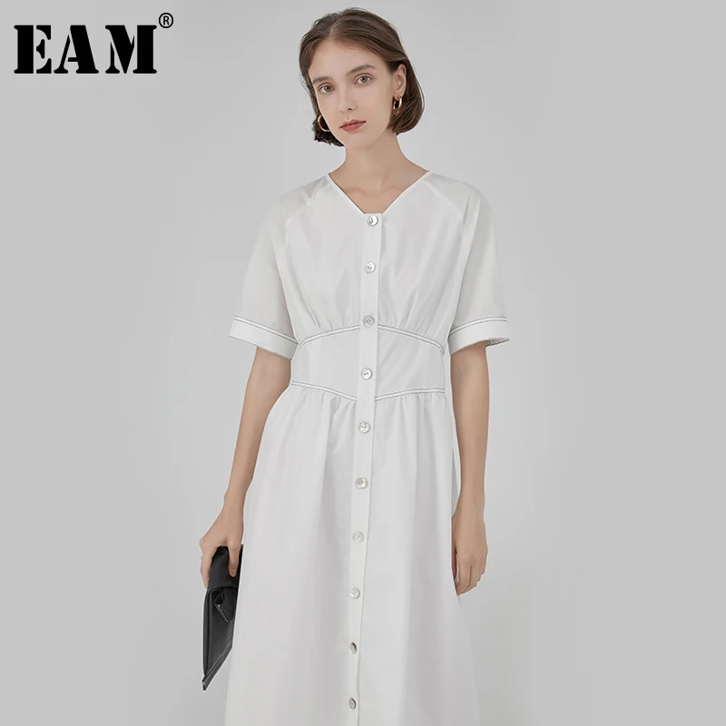 

[EAM] 2020 New Spring Summer V-Neck Short Sleeve High Waist Button Pleated Brief Personality Dress Women Fashion Tide JX683