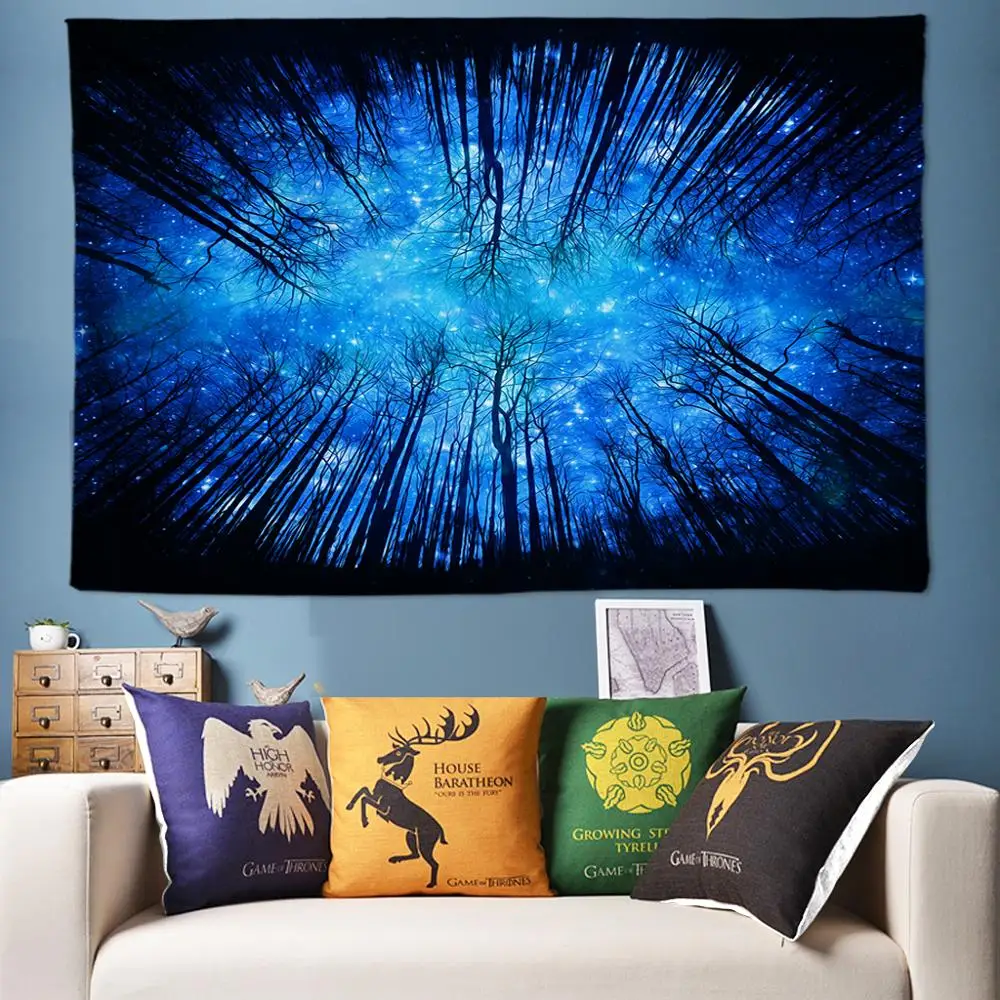 

Blue Psychedelic Tapestry Starry Night Forest Wall Tapestry Tree Wall Hanging Boho Decor Hippie Mandala Tapestry Large 200*300cm