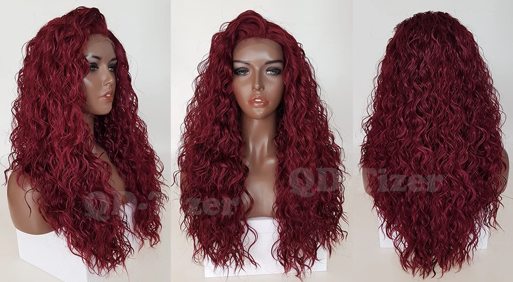 QD-Tizer Burg Color Loose Curly Lace Front Wigs Heat Resistant Fiber Hair Burgundy Gluelee Synthetic Lace Front Wigs for Women5