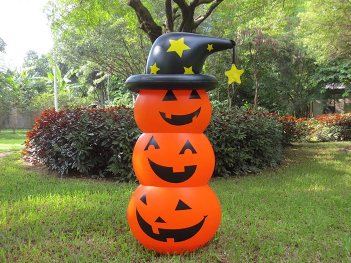 

4.5 Foot Halloween PVC Airtight Inflatable Pumpkin Stack With Witch Hat With Water Sand Bottom