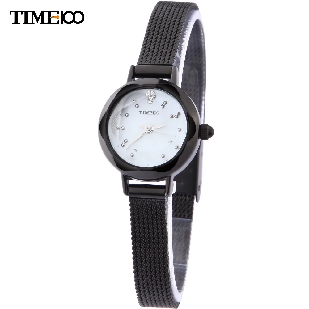 Time100 Women's Quartz Watches Black Stainless Steel Thin Mesh Strap