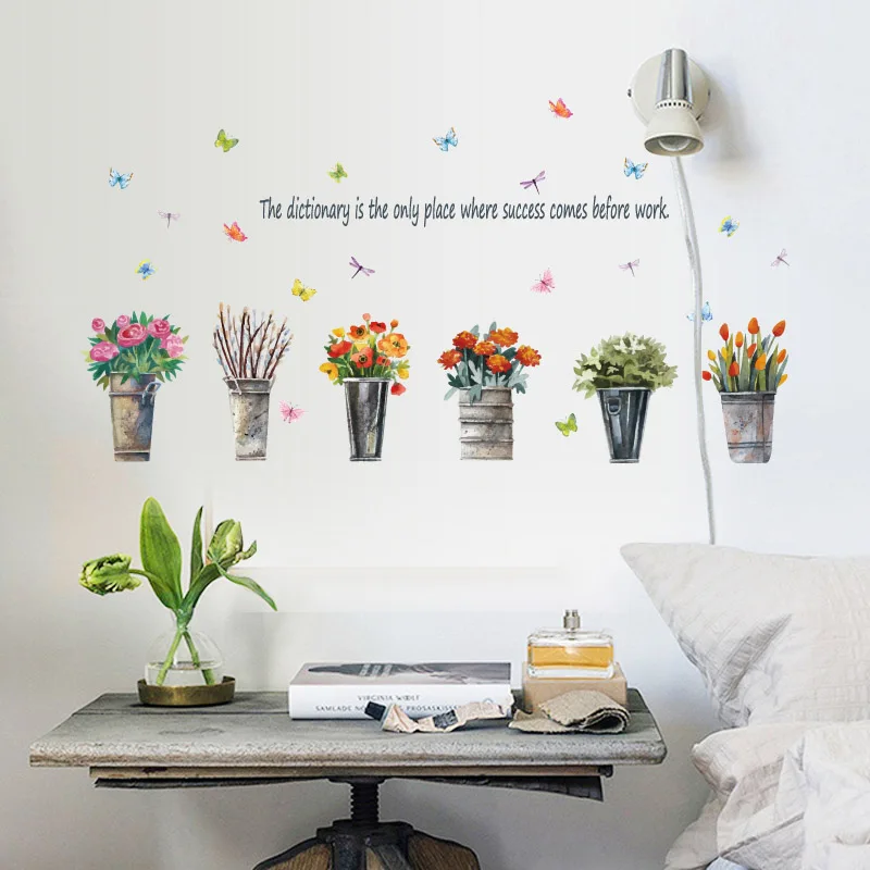 

[Fundecor] Retro iron bucket potted wall stickers home decor living room bedroom kitchen window art decals diy flowers murals