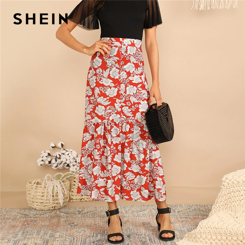 

SHEIN Wide Waist Single Breasted Flippy Ruffle Hem Floral Skirt 2019 Elegant Full Length Mid Waist A Line Women Skirts