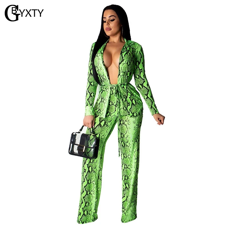

GBYXTY Neon Two Piece Pants Sets 2019 Women Long Sleeve Coat and Pants Tracksuit Sexy Snake Print Club 2 Piece Set Outfit ZL374