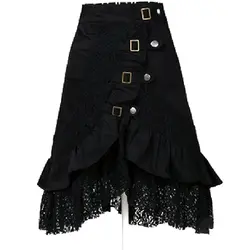 Женская стимпанк Готический Стиль Черное кружево сплайсинга Металлическая пуговица пряжка юбка