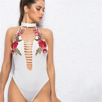 

1Pc Sexy Women's Embroidery Sexy Deep V-Neck Bodysuit Romper Evening Cocktail Party Jumpsuit High Quality