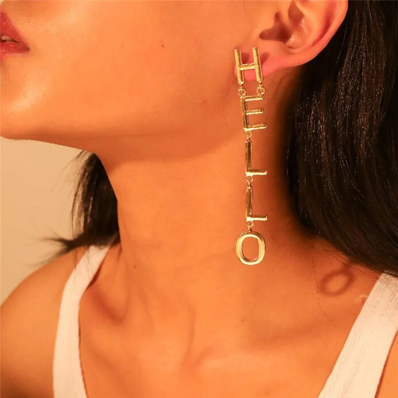 Hollow Letter HELLO Dangle Earrings Punk Long Personalized Women Captain English aretes de mujer ET1254 | Украшения и аксессуары