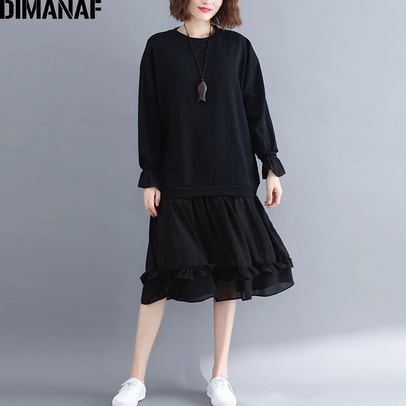 

DIMANAF Women Long Dresses Female Clothes Plus Size Cotton Chiffon Spliced Ruffles Elegant Lady Vestidos Black Loose Autumn 2018