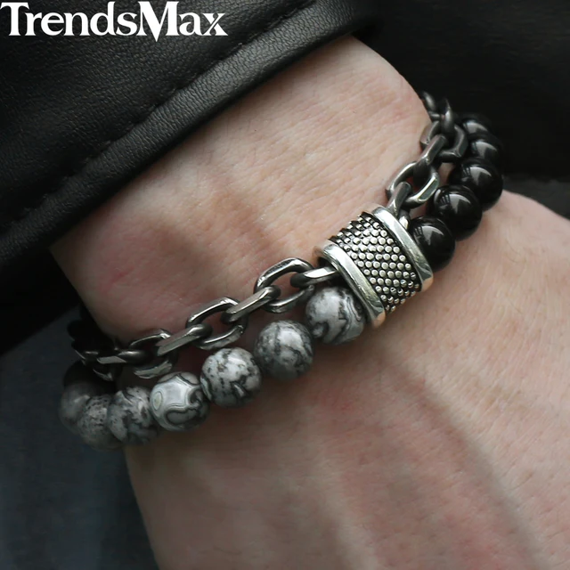 Trendsmax Natural Map Stone Men's Beaded Bracelet for women Stainless Steel Bracelets Male Jewelry Tiger eye 8 9 10 inch DB33 1