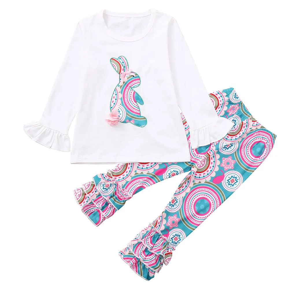 

Easter Kids Girls Clothes children Girls Easter Outfits Bunny Pattern Animal Print Shirts Ruffle Bell Pants Clothes Set