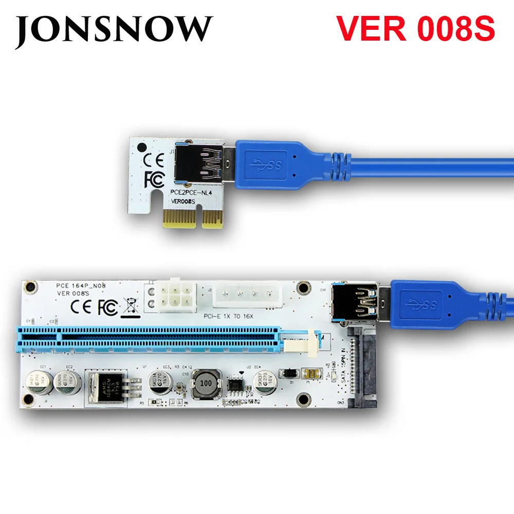 008S PAULO-KPC1364 -PCIe PCI-E PCI Express Riser Card 1X 4x 8x 16x USB 3.0 Data Cable 6 Pin SATA Power Supply for BTC Miner 3