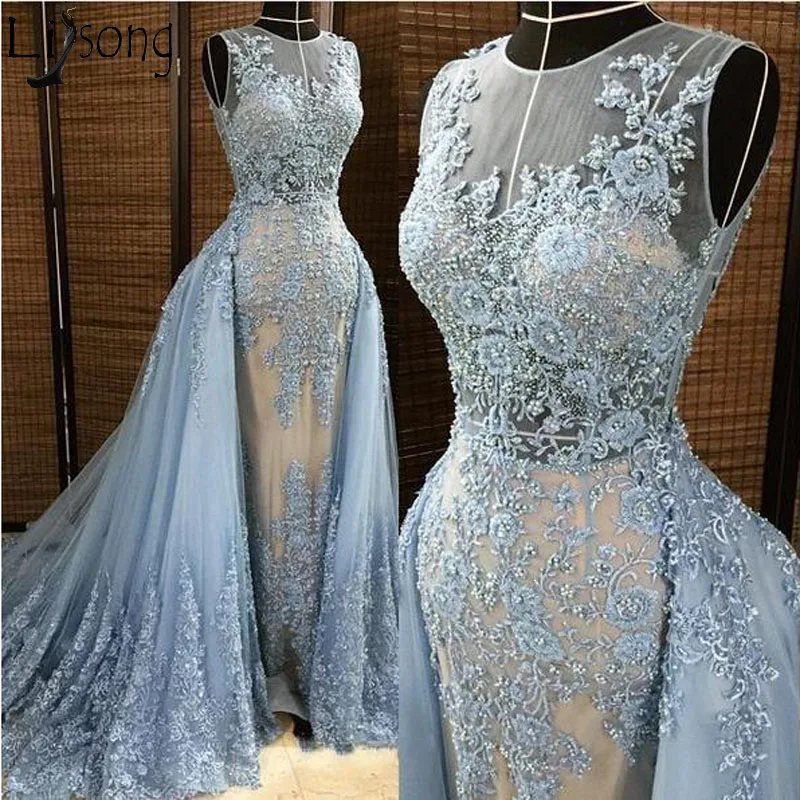2016 Elie Saab Evening Dresses Detachable Overskirt Deep V Neck Illusion Blue-gray Pearls Beaded Lace Appliques Tulle Celebrity Prom Gown229