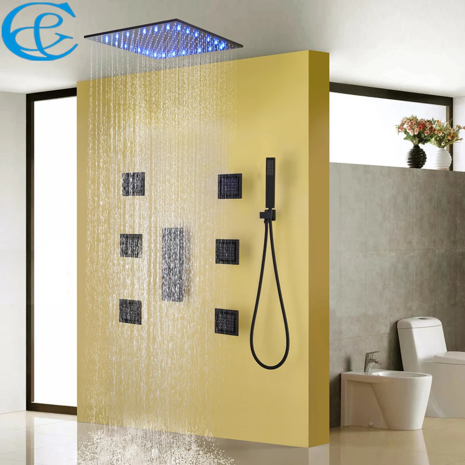 

Bathroom Shower Faucet Set Blacken Shower Panel Rain Ceiling Water Temperature LED Shower Head Bath & Shower Valve Mixer Holder