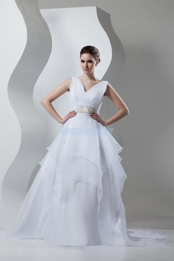 

free shipping 2013 new design hot sale small train custom size/color crystal ball gown v-neck white/ivory princes wedding dress