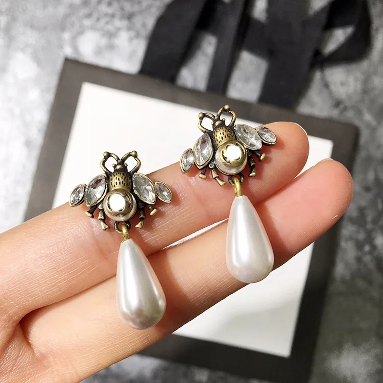

Bronze-colored jewelry retro little bee set pearl dangle large drop shaped pearl eardrop for women Fashion Jewelry
