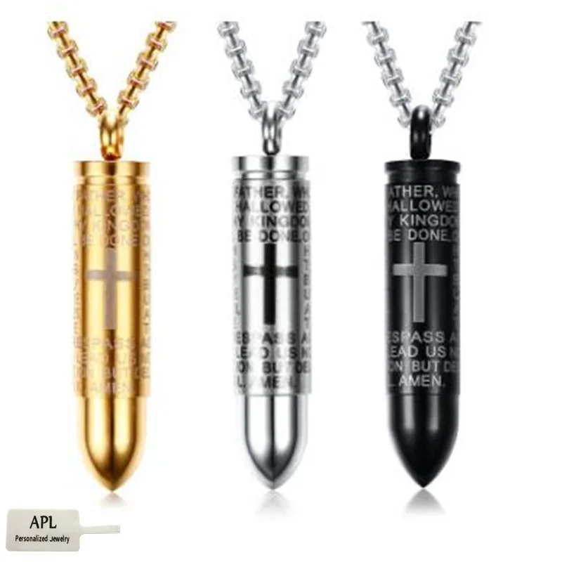 

APL - Men's Stainless Steel Cross Text Hanging New Bullet Necklace Hanging Multicolored Jewelry