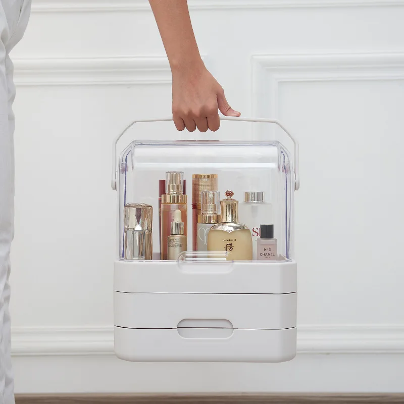 Cosmetics Storage Box with HA, Portable Dust Proof Desktop Makeup Items