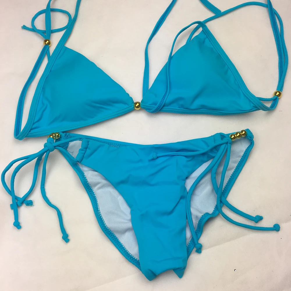 Women's Sexy Blue Solid micro Halter Cross bathing suit Beachwear Bikinis Sets Biquini Swimsuits Suits Tankini swimwear | Женская