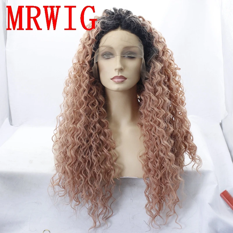 MRWIG странный вьющиеся ombre темно-розовый средняя часть 26 дюймов 180% короткие темные