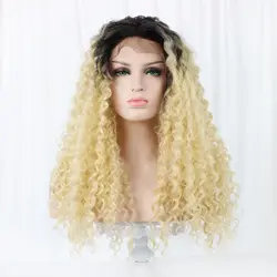 Длинные вьющиеся Синтетические волосы на кружеве парик Ombre светлые синтетический афро парики для черный Для женщин 24 ''африканские волосы