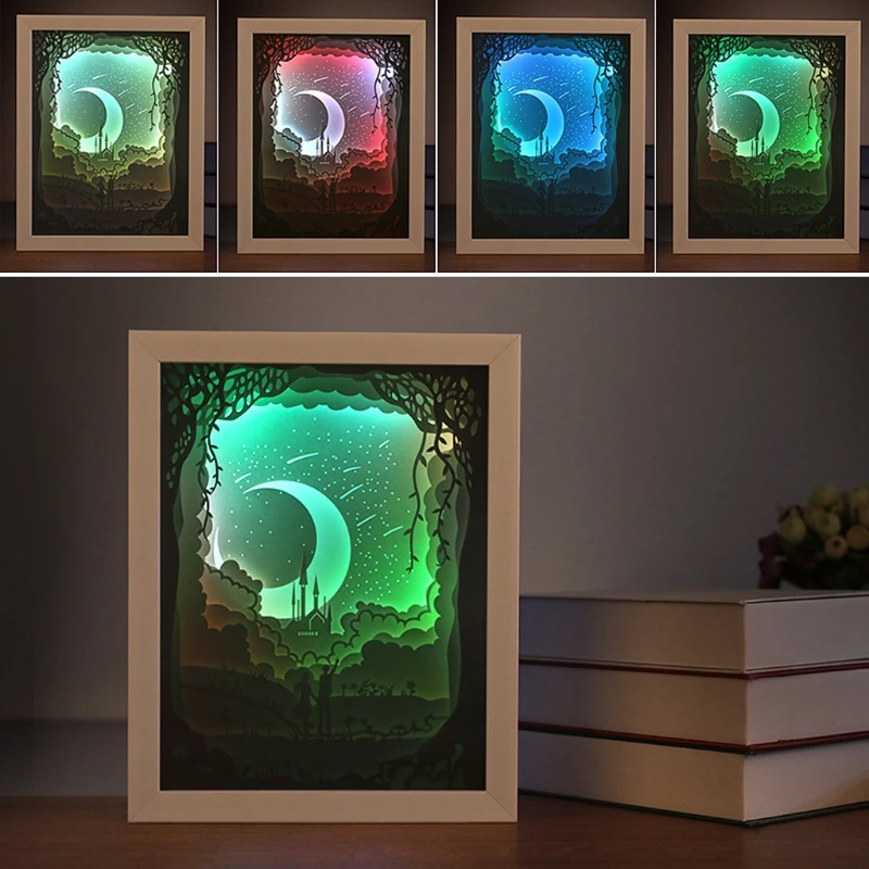 

Papercut Light Box LED USB Night Light Lamp Creative Paintings Moon Lovers