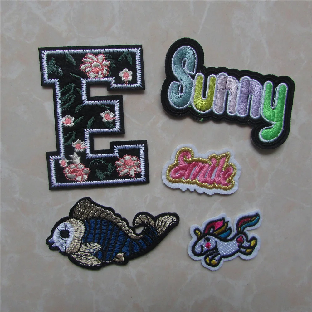 

2017 New fashion style fish sunny smile word Patches Iron On Or Sew Fabric Sticker For Clothes Badge Embroidered Appliques DIY