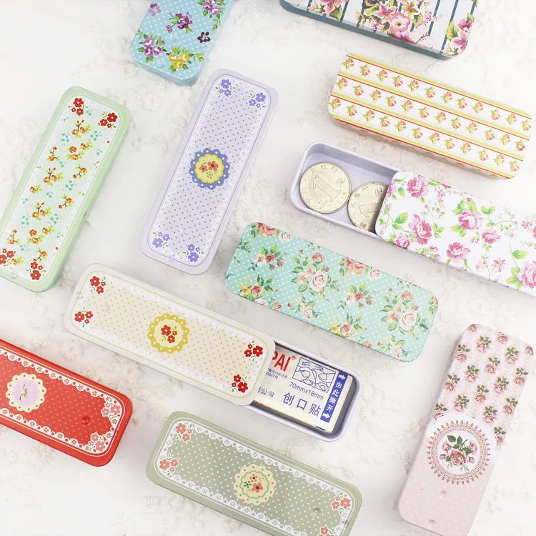 1PC Portable Mini Floral Metal Storage Box Slide Small Pill ,Headphone,Cigarette ,Jewelry Tin Box Organizer Container