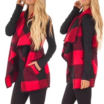 

Jacket Women comfortable Vest Plaid Sleeveless Lapel Open Front Cardigan Sherpa Jacket Pockets Chaleco Y505