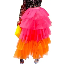 Летняя разноцветная слойная длинная юбка из тюля, женская с оборкой, с высокой посадкой, макси юбка, повседневная женская уличная юбка-пачка, бальное платье