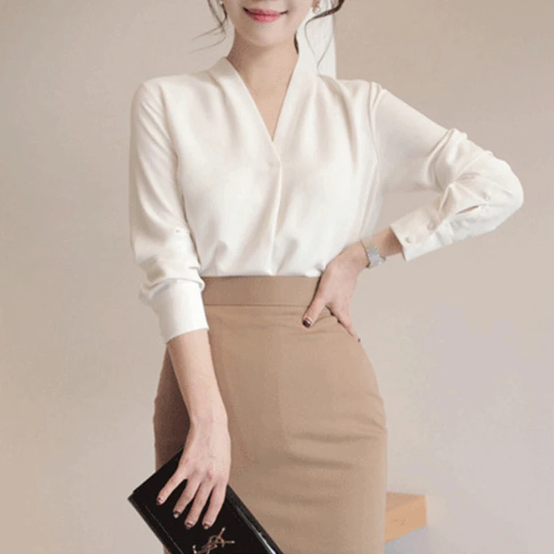

2019 Spring Summer New Women Shirts Long Sleeve Chiffon Tops V-neck Loose White Ladies Ol Office Blouses Female Elegant Shirt