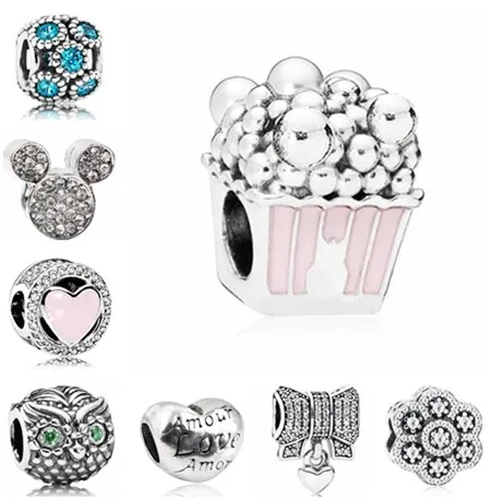

Fresh Style Pink Dog Apple Mickey Moon Popcorn Stars Love Heart Crystal Beads Charm Fit Pandora Bracelet for Women DIY Jewelry