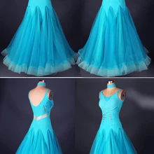 Подгонка без рукавов Синий Взрослый Венский бальный Фокс Трот быстрый шаг Танго современный galop вальс Алмазный конкурс танцевальное платье