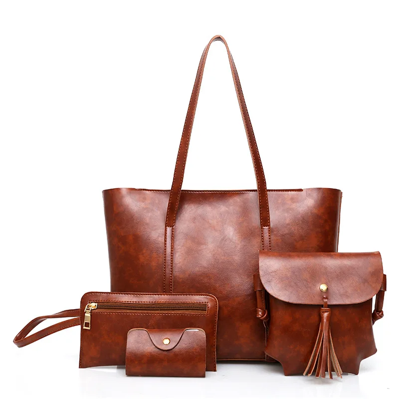 

TANGDE WAX PU LEATHER 4 IN 1 BAGS SET CASUAL SHOPPING BAG CLUTCH CARD HOLDER SHOULDER BAG