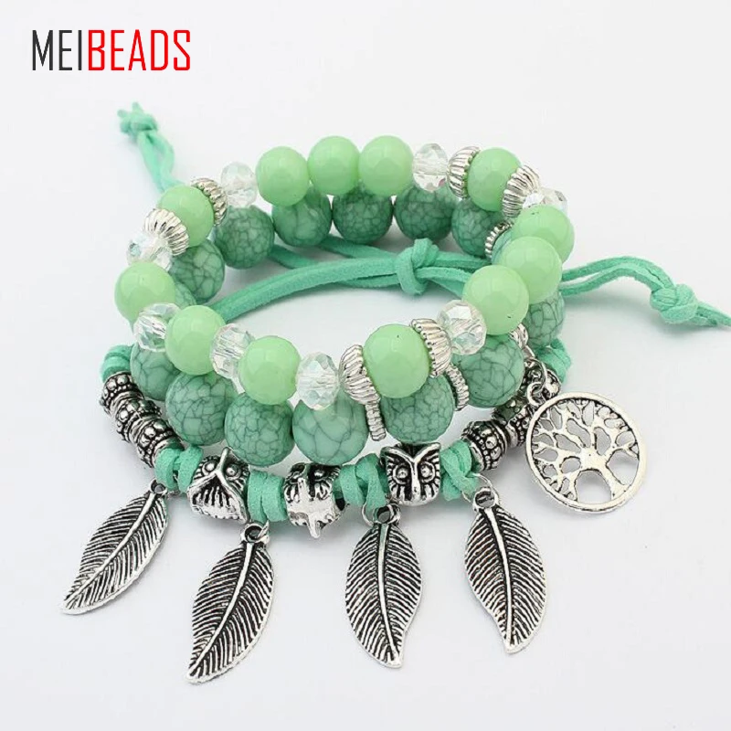 Винтажный стеклянный браслет MEIBEADS многослойный из сплава с круглыми бусинами