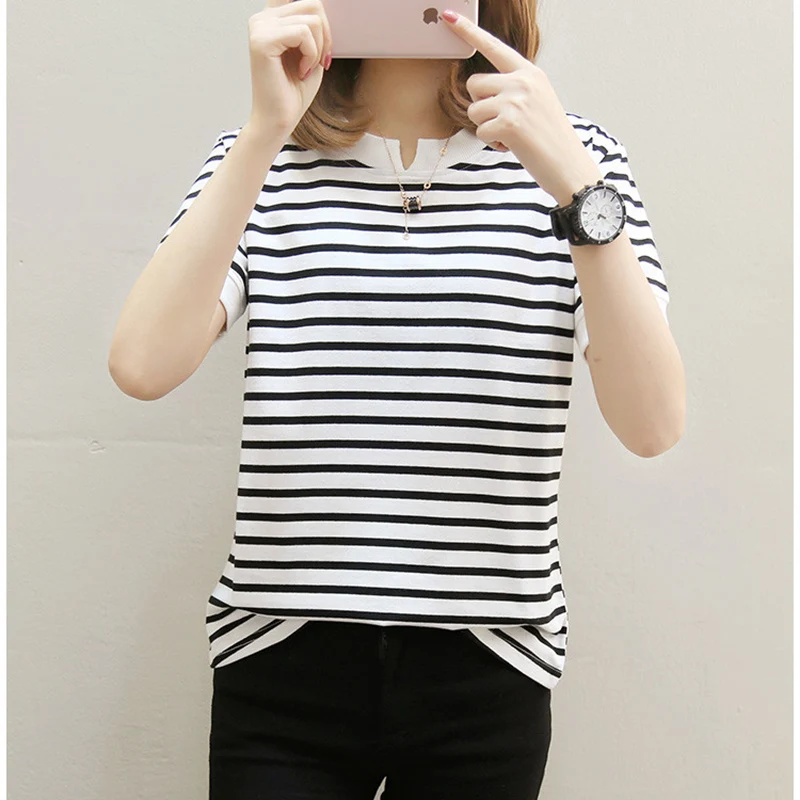 Женская хлопковая футболка с коротким рукавом размеры до 5XL|striped top|tee shirt womenwomen