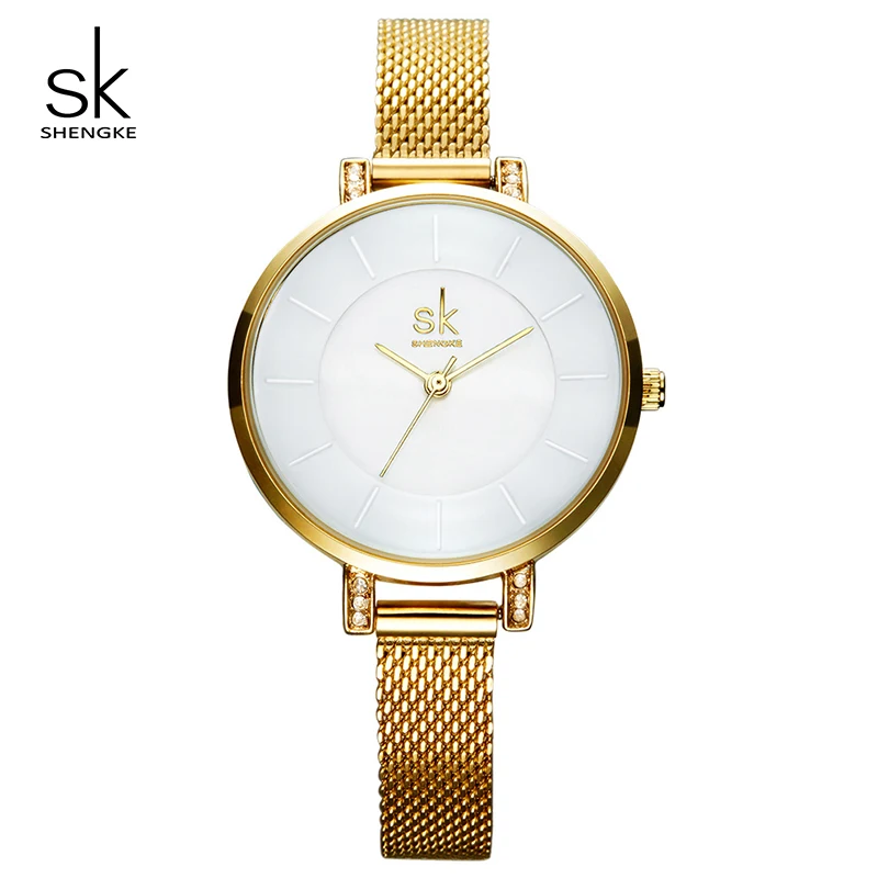 Часы Shengke женские кварцевые из нержавеющей стали с золотым браслетом|wristwatch women