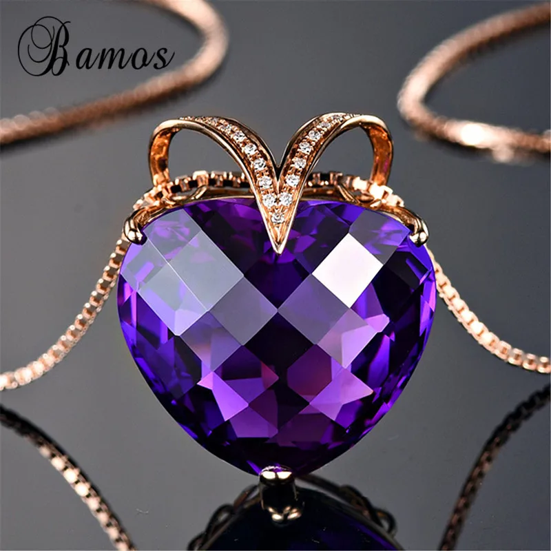 Bamos элегантное фиолетовое циркониевое ожерелье в форме сердца, винтажное розовое золото, цепочка, ожерелье для женщин, роскошное Хрустальное свадебное ювелирное изделие