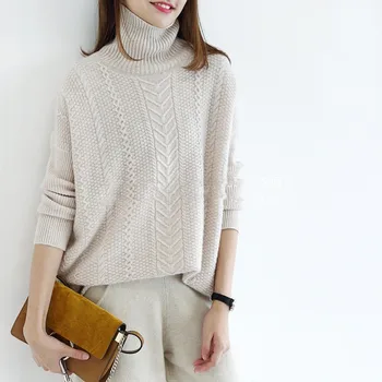 

Turtleneck sweater 2019 female spring new style hip hop style pullover loose cashmere sweater solid long sleeve pullover sweater