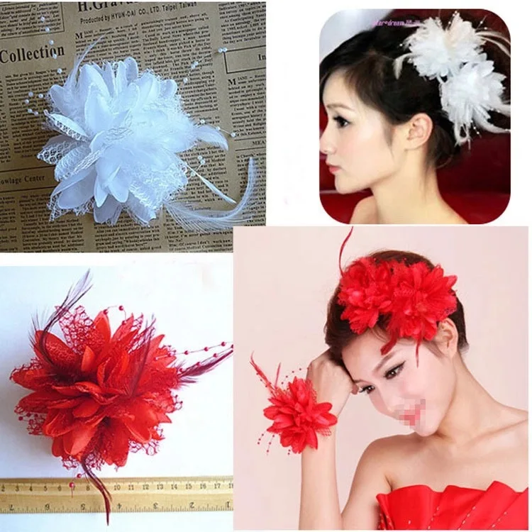 

Free shipping kleuren Bloem Feather Bead Corsage Hair Clips Tovenaar Bridal Haarband Party