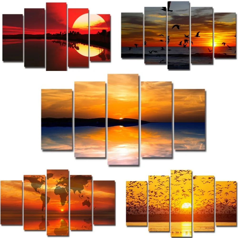 

5pieces canvas painting Ocean with sunset seascape image set wall mural picture artwork framed for home decorative ready to hang