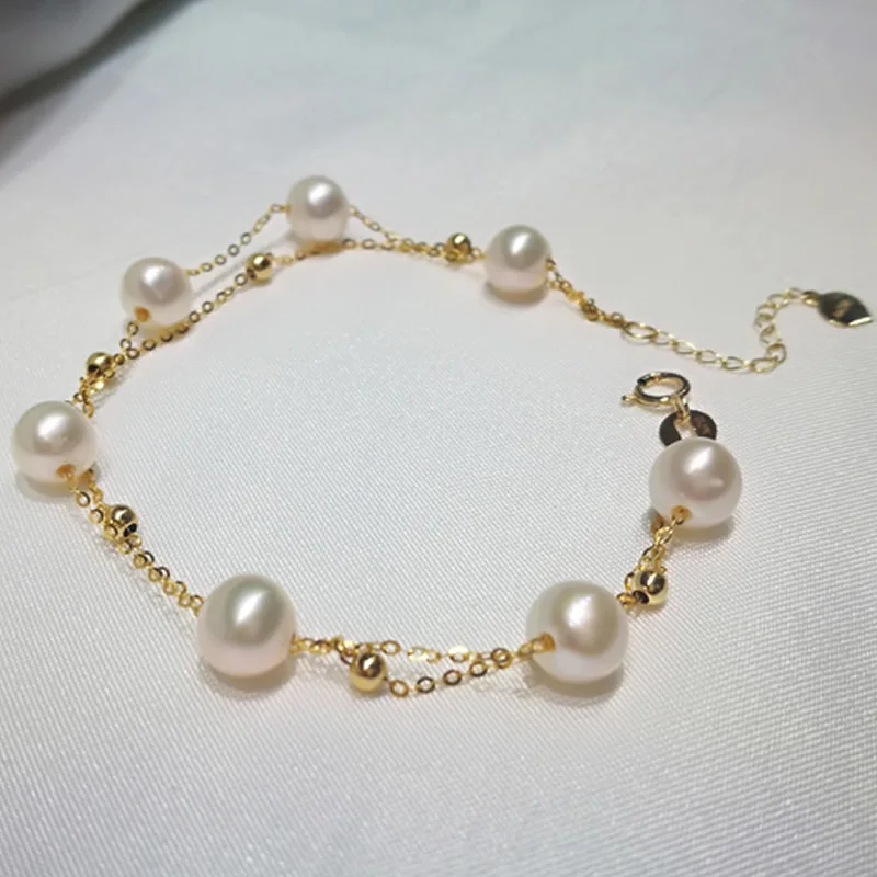 Solid AU750 Yellow Gold Bracelet Women Smooth Gold Beads Pearl Bracelet