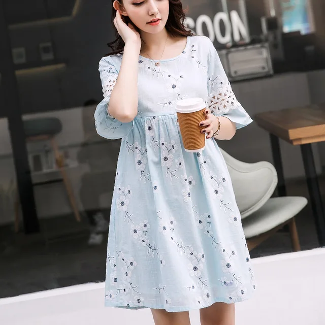 Summer new 100 cotton embroidery floral maternity dress with back Summer new 100 cotton embroidery floral maternity dress with back