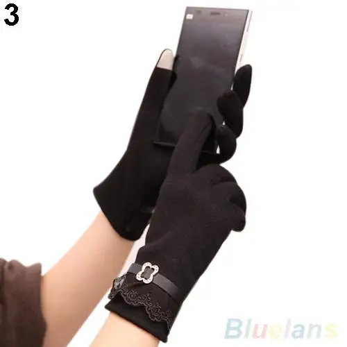 Зимние женские сенсорный экран теплые перчатки с тесьмой варежки для сотового телефона iPad